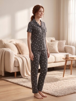 Sleeproom Yazlık Düğmeli Kalp Desen Kısa Kol Pijama Takımı