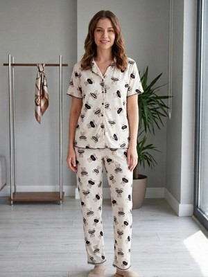 Sleeproom Düğmeli Kaşkorse Ayıcık Desen Kısa Kol Pijama Takım