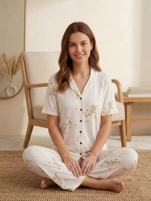 Sleeproom Düğmeli Kaşkorse Sarı Çiçek Desen Kısa Kol Pijama Takım