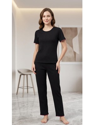 Sleeproom Sıfır Yaka Pointel Puantiye Desenli Kadın Kısa Kol Pijama Takımı