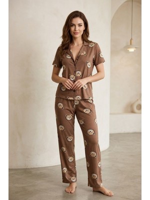Sleeproom Viskon Düğmeli Ayıcık Desen Kısa Kol Pijama Takım