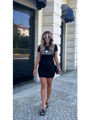 Deluxe Takı ve Giyim Kadın Kısa Kollu Queen Baskı Iki Iplik Mini Elbise