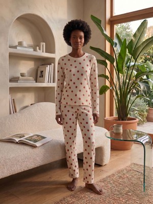 Sleeproom Bisiklet Yaka Waffle Kumaş Çilek Desen Uzun Kollu Pijama Takımı