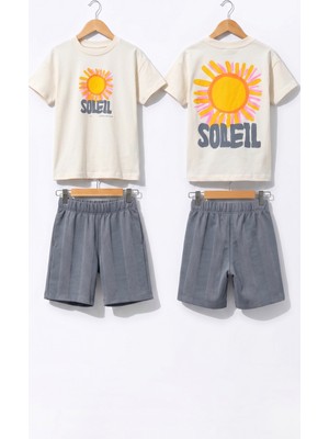 Bican Erkek Çocuk Güneş Baskılı %100 Pamuklu T-Shirt ve Şort Alt Üst Takım