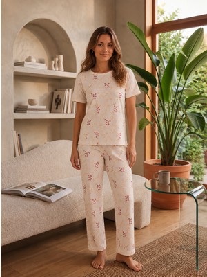 Sleeproom Bisiklet Yaka Waffle Kumaş Çiçek Desen Kısa Kollu Pijama Takımı