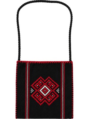 Hakiki Karacakılavuz Dimi Dokuması Koç Boynuzu Motifli Siyah Çanta 25 x 26 cm