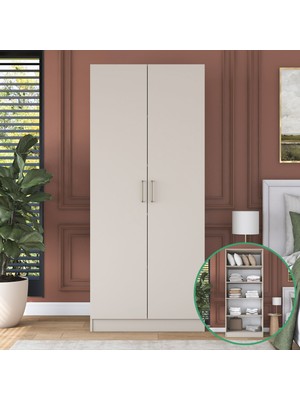 Rani BA235 Gardırop 2 Kapaklı 4 Raflı Elbise Dolabı Kumtaşı