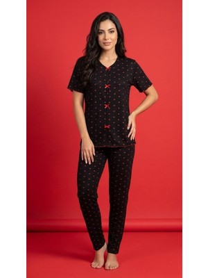 Sleeproom Fiyonklu Pointel Kalp Desen Kısa Kol Pijama Takım