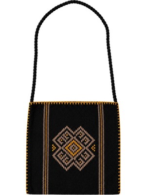 Hakiki Karacakılavuz Dimi Dokuması Koç Boynuzu Motifli Siyah Çanta 25 x 26 cm