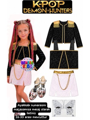 Bemora Kids Kpop Huntrix Mira Iblis Avcıları Kostüm Etek Ceket Büstiyer Bluz + Yüz Taşı + Kpop Topuklu Ayakkabı Doğum Günü Parti