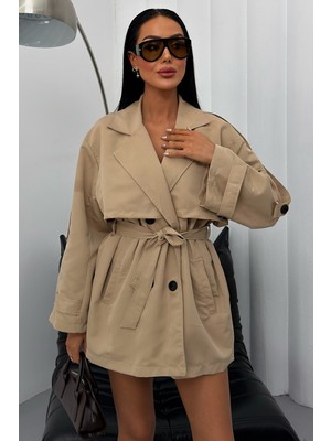 Moda Armanc Kadın Mevsimlik Keten Trençkot Ceket - Düğmeli Kemerli Kruvaze Yaka Kısa Trenç Ceket