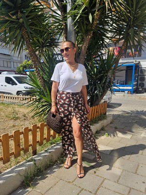 ROCK Kahve Çiçek Desenli Pamuk Beli Lastikli Etek