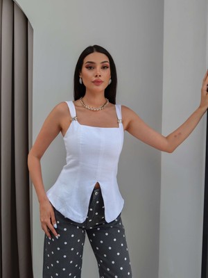 Esra Helvacı Aksesuar Askılı Keten Bluz