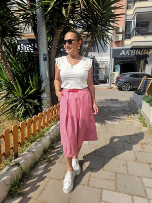 Qu Style Kırmızı Beyaz Kareli Kemerli Poplin Etek