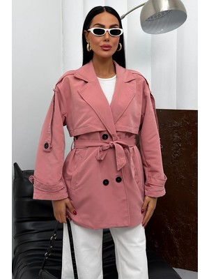 Moda Armanc Kadın Mevsimlik Keten Trençkot Ceket - Düğmeli Kemerli Kruvaze Yaka Kısa Trenç Ceket