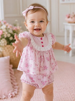 Bubiee Baby Kız Bebek Pembe Çiçekli Şortlu Takım Dantel Detaylı Bebe Yakalı Bluz ve Şort Fırfırlı Yazlık Takım
