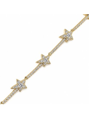 Zeino Yıldız Zirkon Taşlı Bileklik - 14K Altın Kaplama - 17 cm