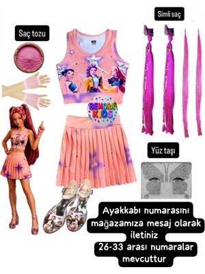 Bemora Kids Kpop Huntrix Pembe Etek Bluz Alt Üst 2 Li Takım Şort Etek +Mira Pembe Simli Saç + Yüz Taşı + Pembe Saç  Tozu+ Eldiven + Kpop Ayakkabı Seti