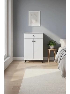 Dienni Simple Çok Amaçlı Dolap 2 Raflı Tek Çekmeceli 2 Kapaklı 60X44X96 Beyaz