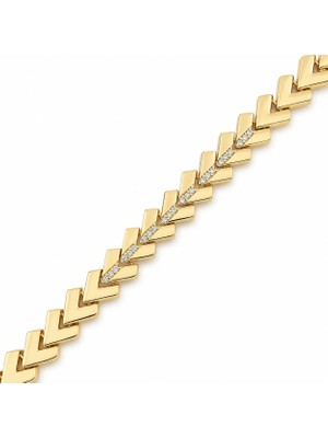 Zeino Ok Ucu Zirkon Taşlı Çelik Bileklik - 14K Altın Kaplama - 17+2cm