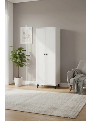 Dienni Simple Çok Amaçlı Dolap Mutfak Banyo 5 Raflı 2 Kapaklı 60X30X176 Beyaz