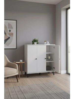 Dienni Simple Çok Amaçlı Dolap 4 Raflı 3 Kapaklı 90X44X96 Beyaz