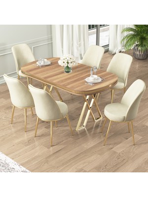 Canisa Lai Serisi 90X168 Lak Panel Hazar Gold Ayak Masa Takımı 6 Sandalye