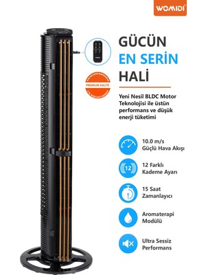 Womidi 60W Sessiz Pervanesiz Kule Tipi Vantilatör Serinletici Dikey Uzaktan Kumandalı Aromaterapi Zaman Ayarlı TF-K4003RD