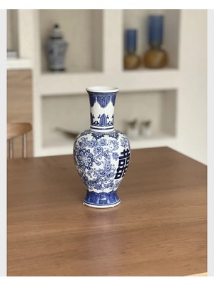 Marys Concept Mavi Beyaz Desenli Porselen Dekoratif Vazo 30 cm Chinoiserie Stil