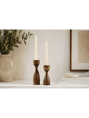 Han Ahşap Ahşap Şamdan Seti 2'li Ceviz Renk Dekoratif Mumluk El Yapımı Modern Tasarım 17,5 cm & 15 cm