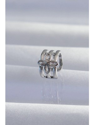 Mey Ithalat® Pirinç Gümüş Renk Yonca Earcuff Küpe