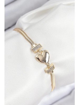 Mey Ithalat® Pirinç Zirkon Taşlı Kalp Model Gold Renk Kadın Bileklik