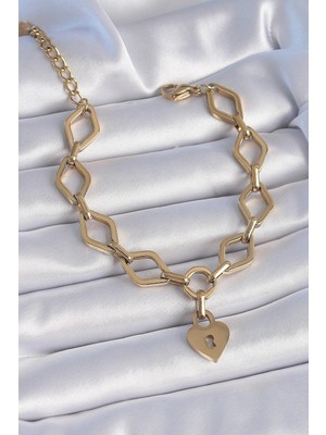 Mey Ithalat® 316L Çelik Gold Renk Zincir Model Kilit Kalp Figür Kadın Bileklik