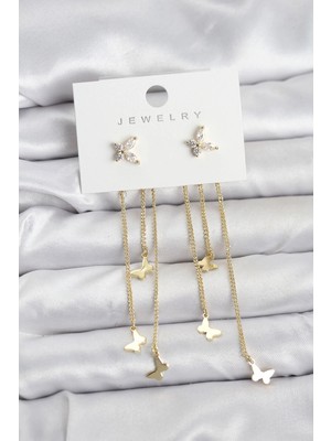 Mey Ithalat® Kelebek Model Gold Renk Pirinç Sallantılı Kadın Küpe