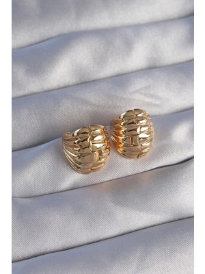 Mey Ithalat® Pirinç Gold Renk Tırtıklı Minimal Bombeli Tasarım Küpe