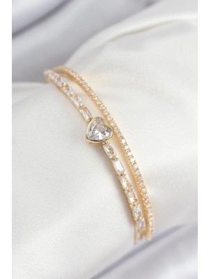 Mey Ithalat® Pirinç Zirkon Taşlı Kalp Model Gold Renk Kadın Bileklik