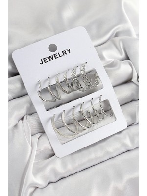 Mey Ithalat® Pirinç Karışık Halka Model Gümüş Renk 6 Çift Kadın Küpe Set