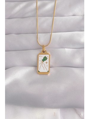 Mey Ithalat® 316L Çelik Gold Renk Beyaz Mineli Tarot Kolye