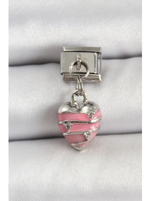 Mey Ithalat® 316L Çelik Gümüş Renk Pembe Kalp Model Nomination Charm