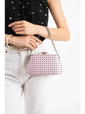 Lebibe Shoes Polkıa Pembe Saten Kumaş Puantiye Desenli Zincir Askılı Klips Kapamalı Clutch Çanta