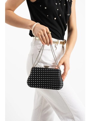 Lebibe Shoes Polkıa Siyah Saten Kumaş Puantiye Desenli Zincir Askılı Klips Kapamalı Clutch Çanta