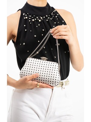 Lebibe Shoes Polkıa Ekru Saten Kumaş Puantiye Desenli Zincir Askılı Klips Kapamalı Clutch Çanta