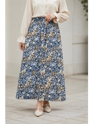 İmaj Butik Mavi Bel Lastikli Desenli Viscon Etek