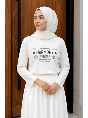 İmaj Butik Beyaz Bisiklet Yaka Baskılı Penye Body