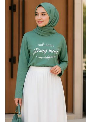 İmaj Butik Yeşil Bisiklet Yaka Baskılı Penye Body
