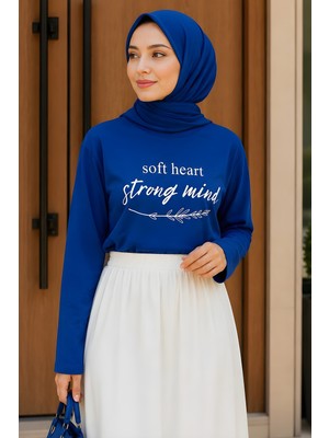 İmaj Butik Saks Mavi Bisiklet Yaka Baskılı Penye Body