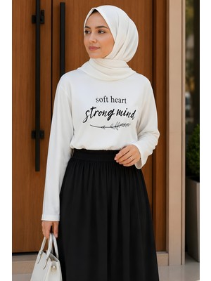 İmaj Butik Beyaz Bisiklet Yaka Baskılı Penye Body