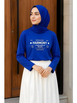 İmaj Butik Saks Mavi Bisiklet Yaka Baskılı Penye Body