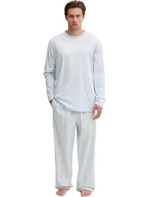 Calvin Klein Erkek Mavi Uzun Kollu Tişört Pantolon Pijama Takımı LV00NM2953