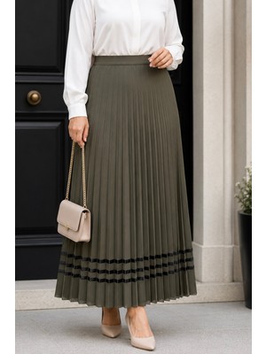 İmaj Butik Yeşil Bel Lastikli Şeritli Piliseli Etek